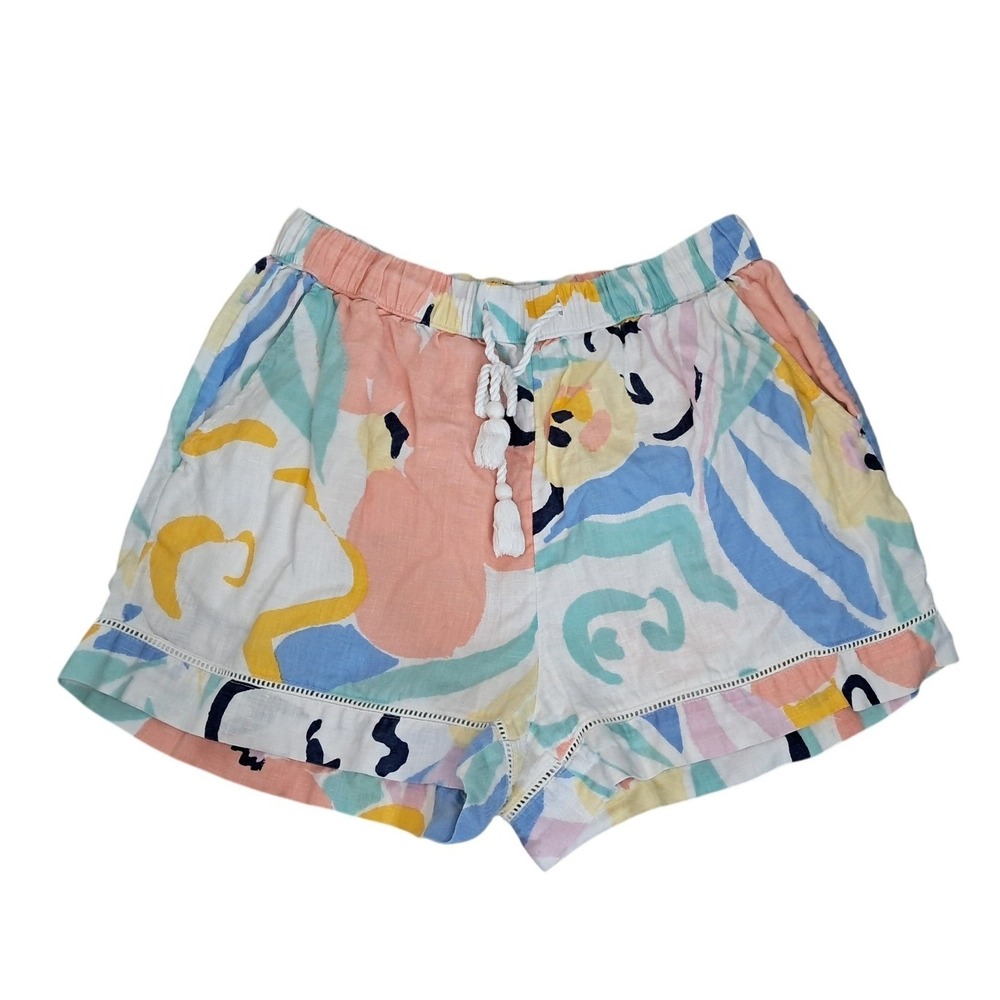 Rachel Zoe Womens Pastel Abstract Floral 100% Linen Shorts Tassel Ruffle‎ Size M